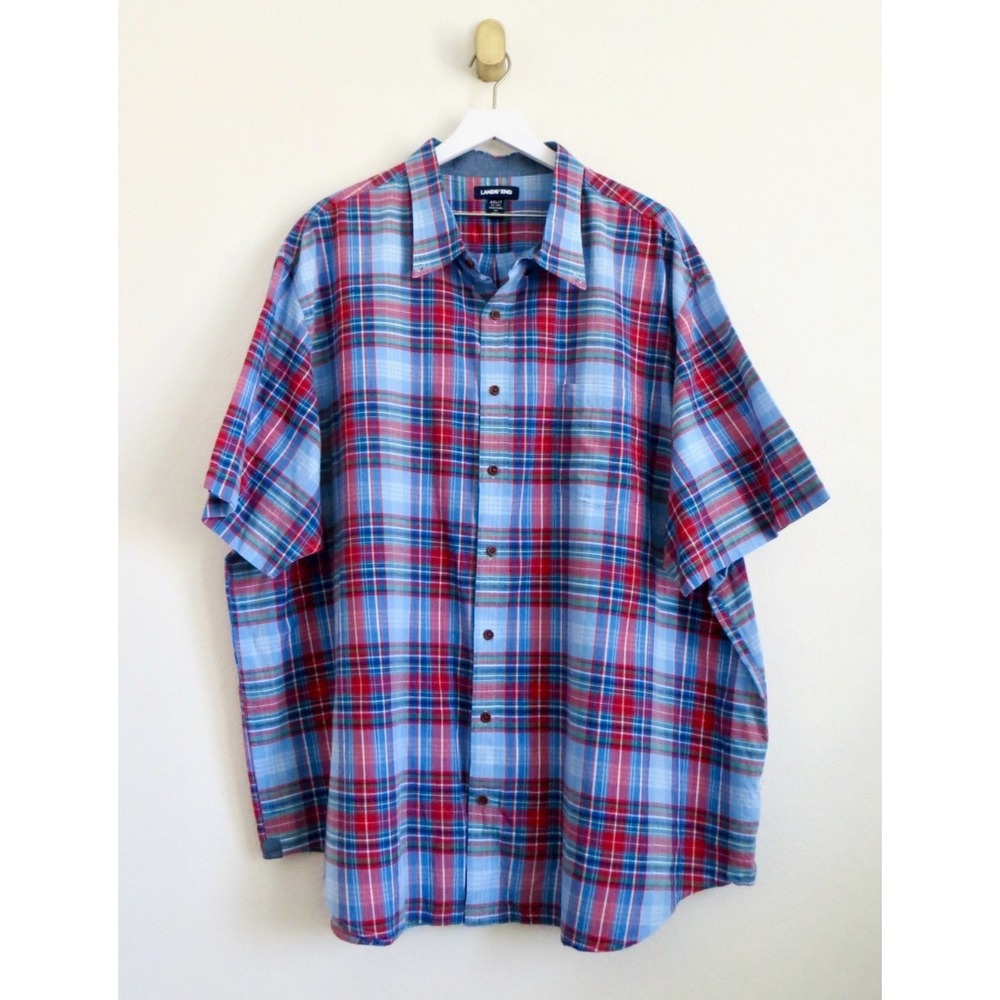 NEW! Lands End Plaid Button Front Short Sleeve Shirt Cotton Blue Red  SZ 4XL